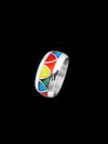 Wolvestuff's Wide Band Rainbow Pride Triangles Ring, handcrafted in sterling silver is inlaid with red, orange, yellow, green, and blue opals in a rainbow pattern